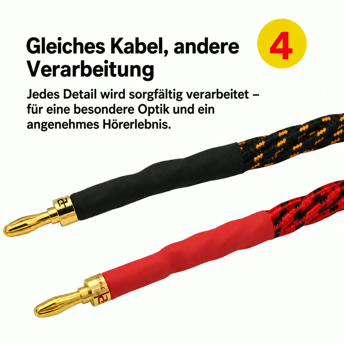 Detailgrafik der rot und schwarz ummantelten Kabelenden mit goldfarbenen Bananensteckern