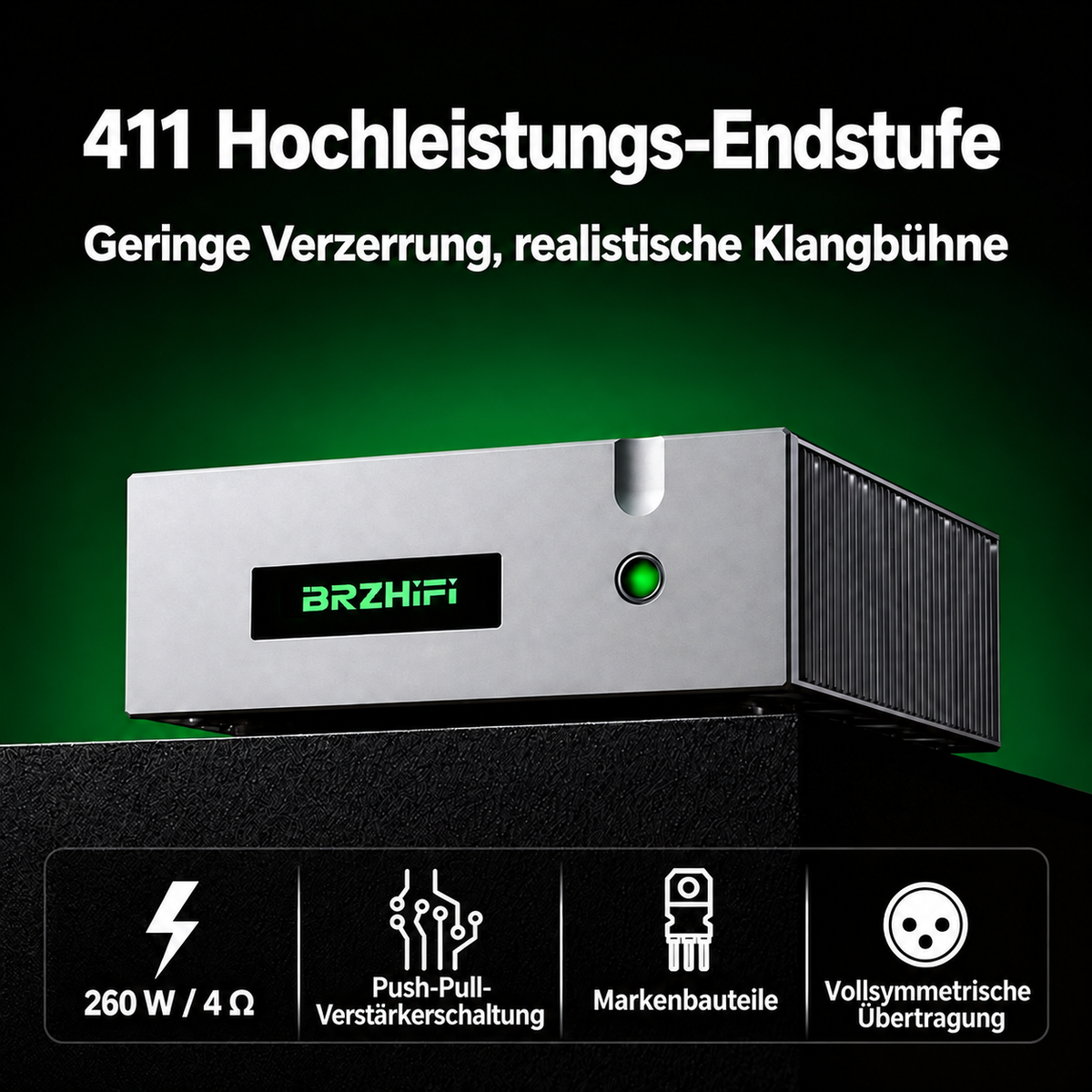 BRZHIFI 411 Stereo-Endstufe – Frontansicht der Hochleistungs-Endstufe
