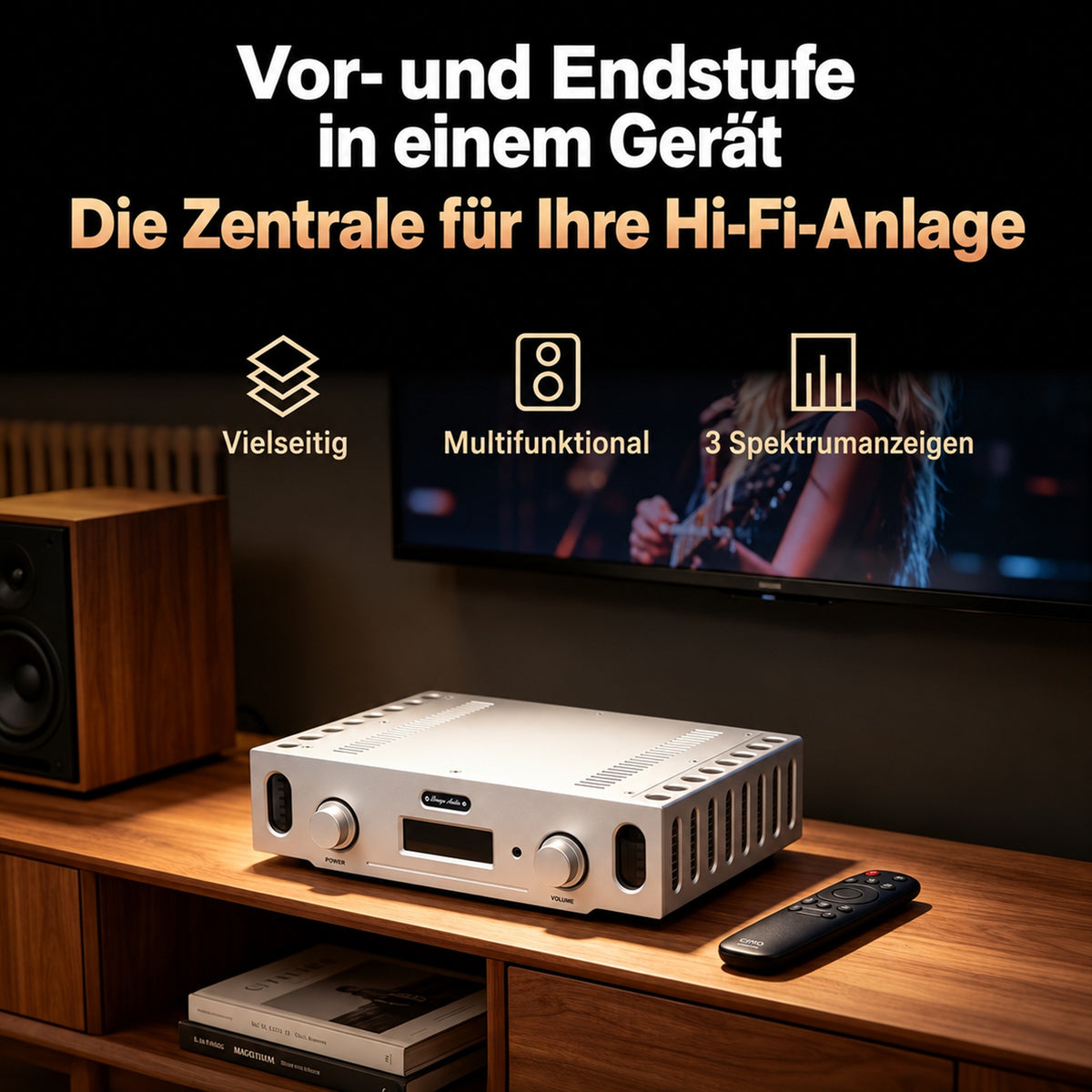 BRZHIFI BZ-A600i HiFi-Vollverstärker im Wohnraum mit drei Spektrumanzeigen