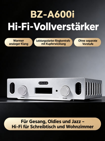 Produktgrafik zum BZ-A600i Class-AB-Vollverstärker mit Frontansicht und hervorgehobenen Merkmalen