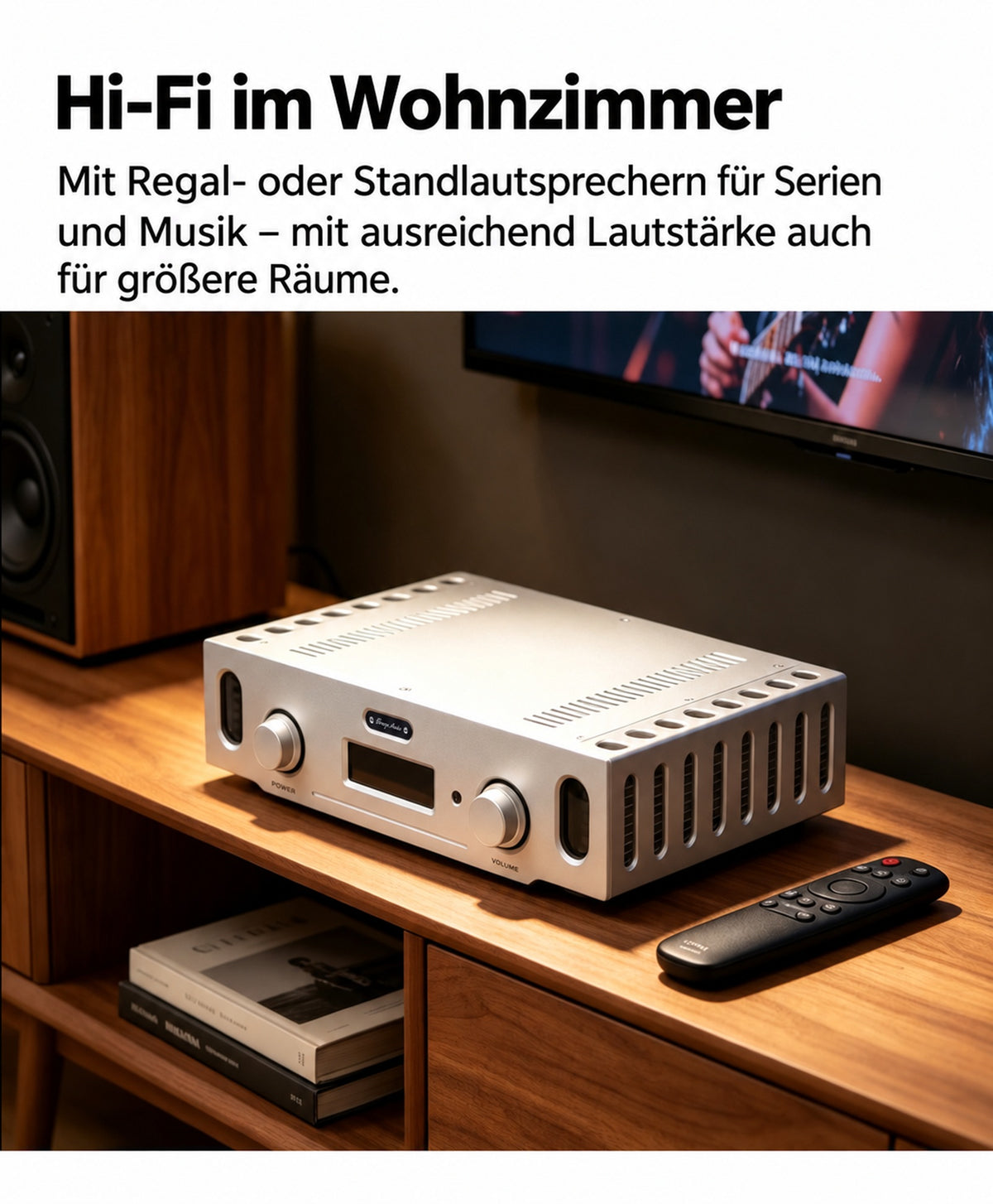 Wohnzimmerszene mit HiFi-Vollverstärker, Lautsprechern und Fernseher