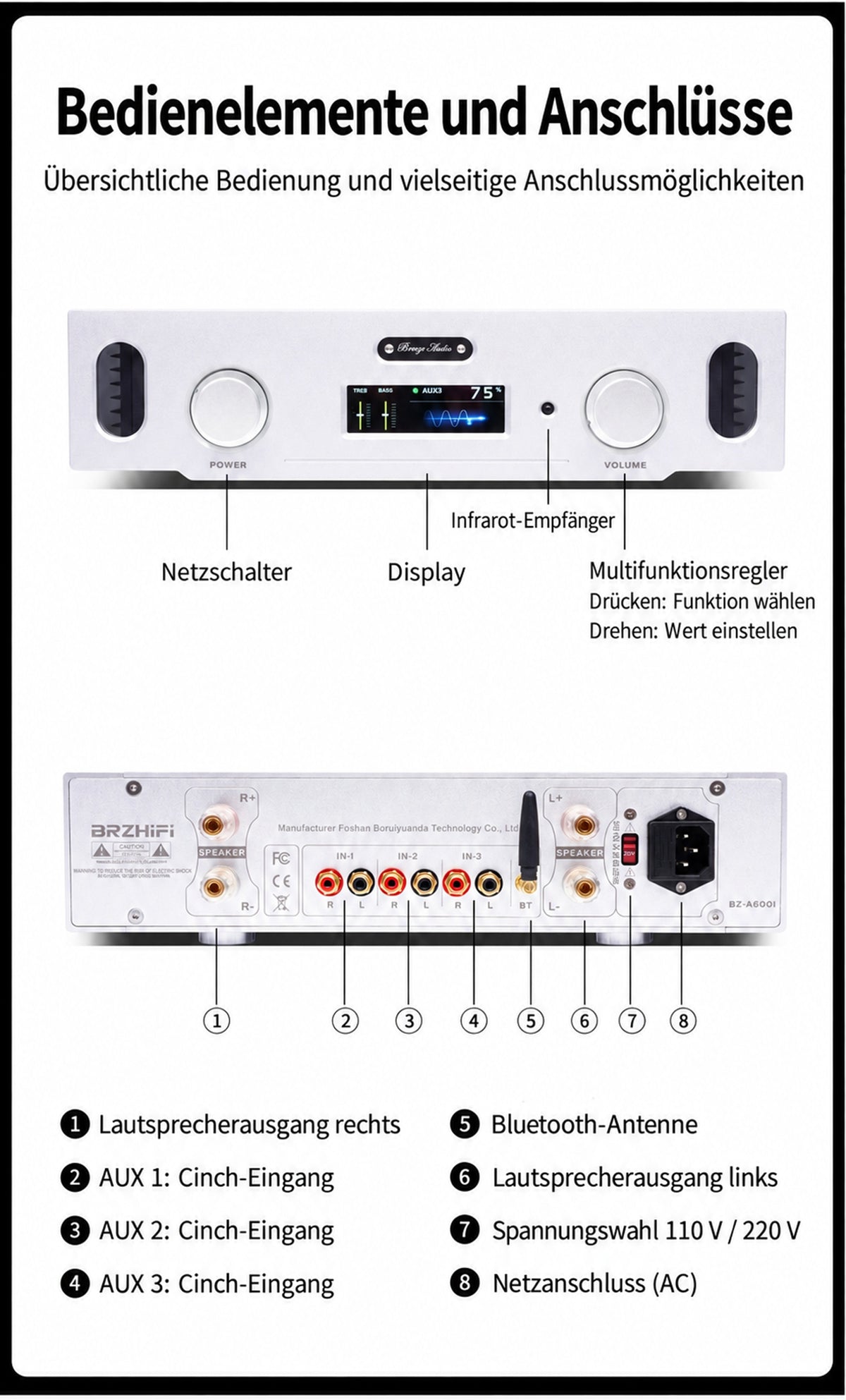 Anschlussübersicht des BZ-A600i mit Cinch-Eingängen, Lautsprecherausgängen, Bluetooth-Antenne und 110/220-V-Wahl
