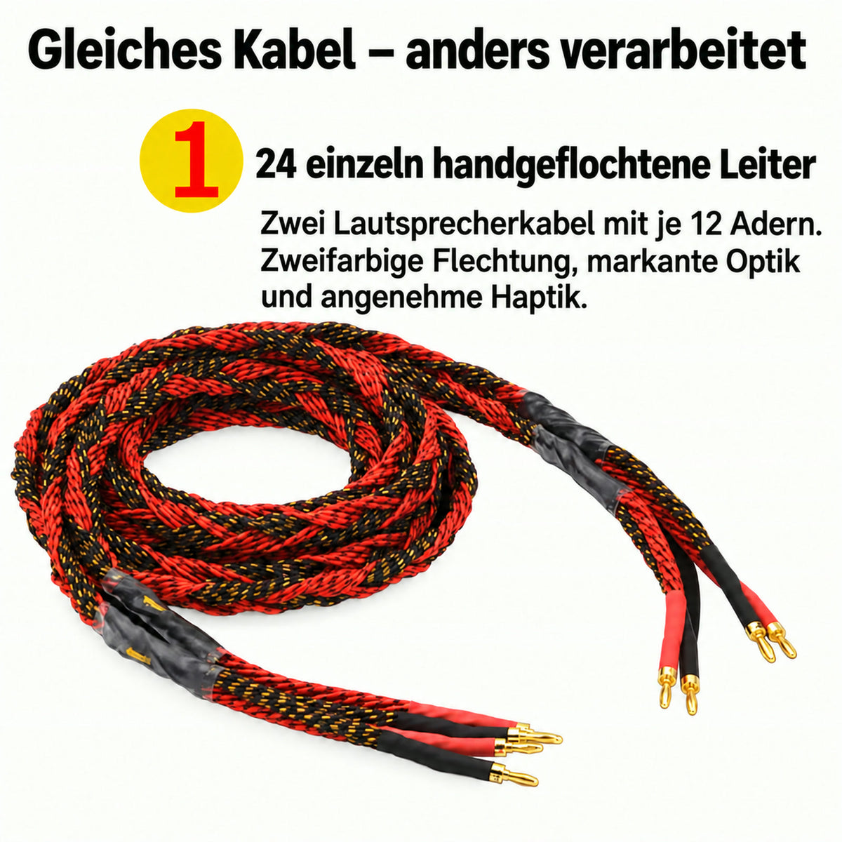 Infografik: zwei rot-schwarz geflochtene Lautsprecherkabel mit je 12 Adern und Bananensteckern