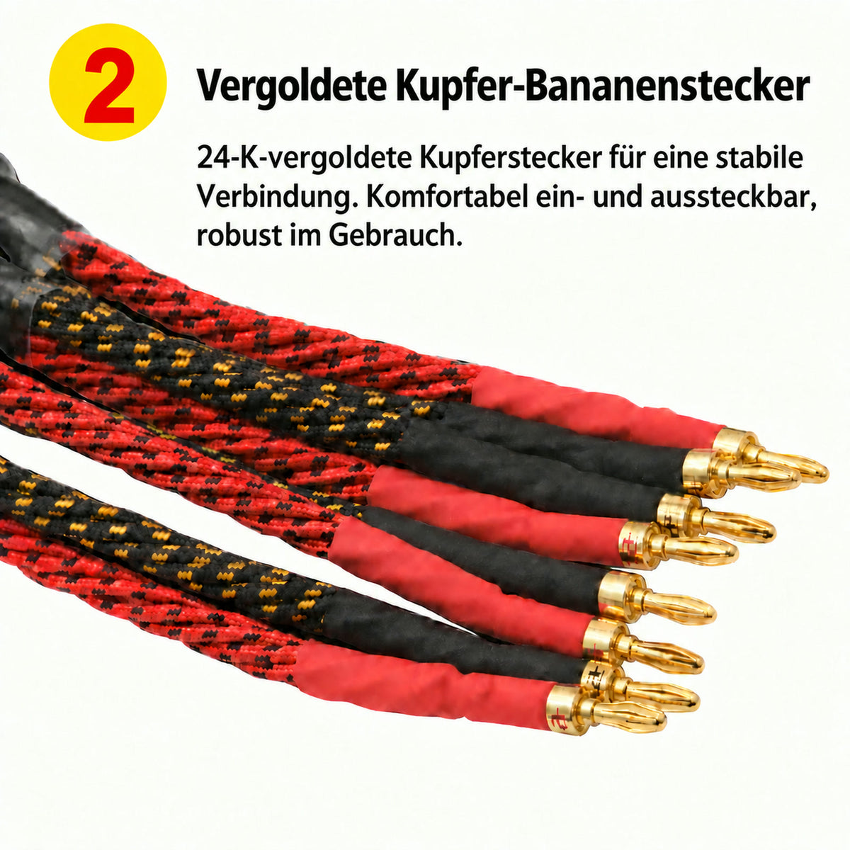 Detailgrafik: goldfarbene Bananenstecker an rot-schwarz geflochtenen Lautsprecherkabeln