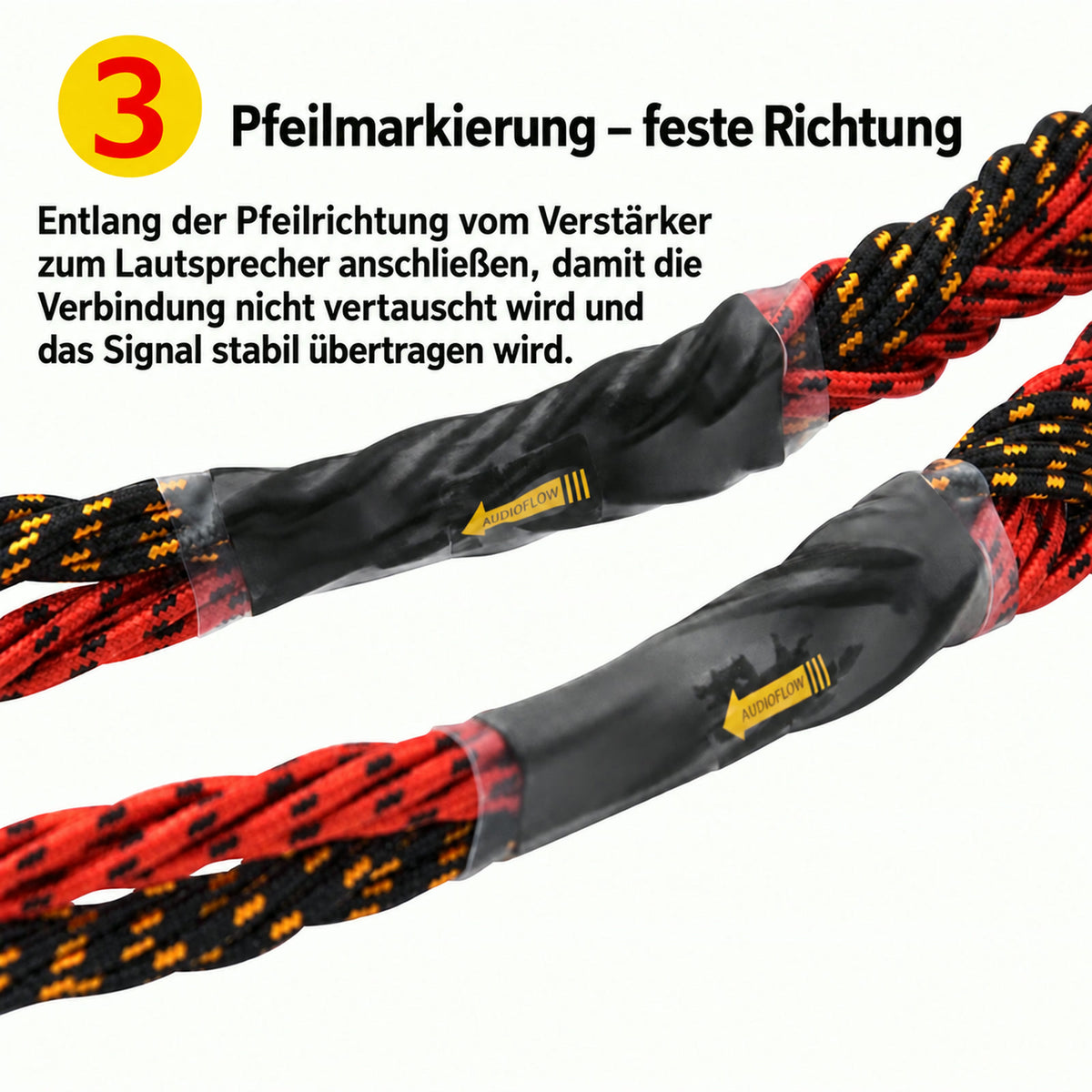 Nahaufnahme von zwei rot-schwarzen Lautsprecherkabeln mit gelben Pfeilmarkierungen