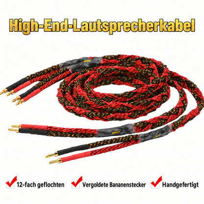 Rot-schwarz geflochtenes Lautsprecherkabel mit Bananensteckern; Produktgrafik mit Schriftzug Western Electric