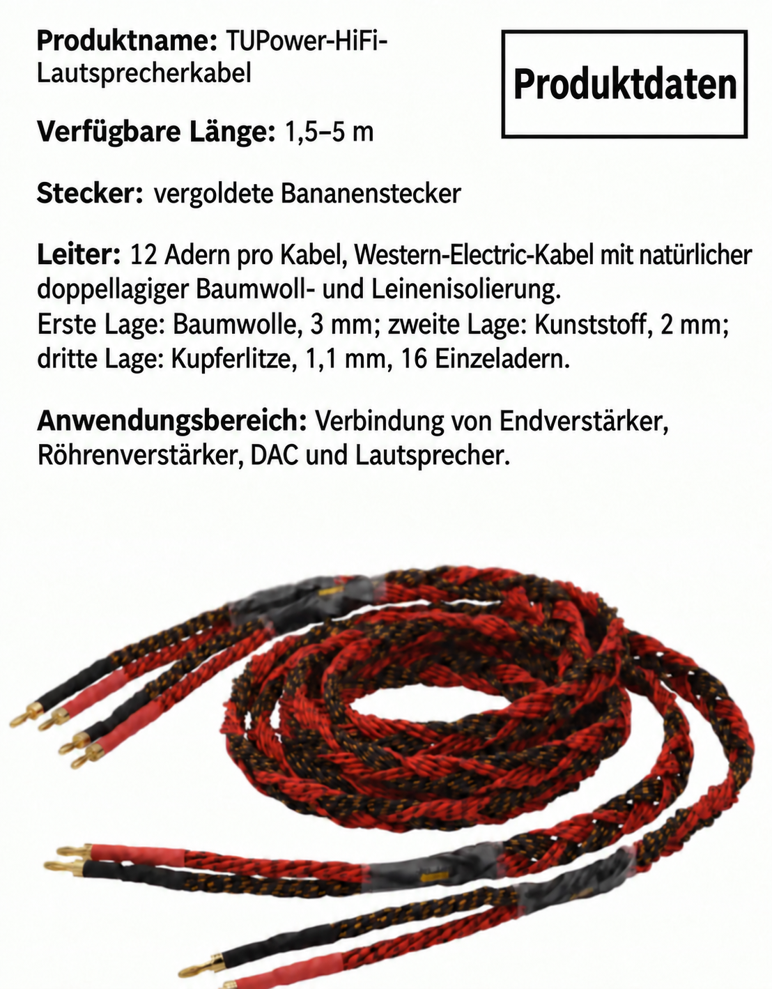 Produktdaten-Grafik zum TUPower HiFi-Lautsprecherkabel mit rot-schwarzem Kabelpaar