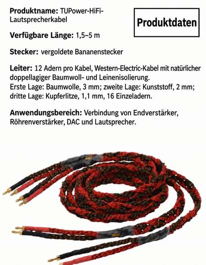Produktdaten-Grafik zum TUPower HiFi-Lautsprecherkabel mit rot-schwarzem Kabelpaar